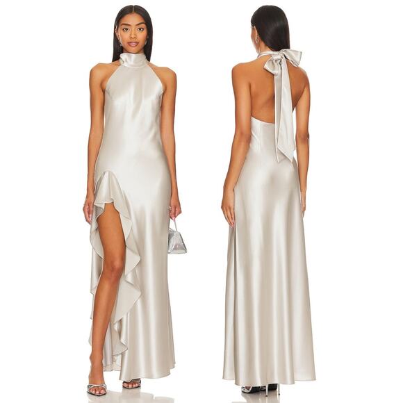 Milly Roux Hammered Satin Dress Halter Neck Ruched Ruffle Side Slit Silver Sz 8